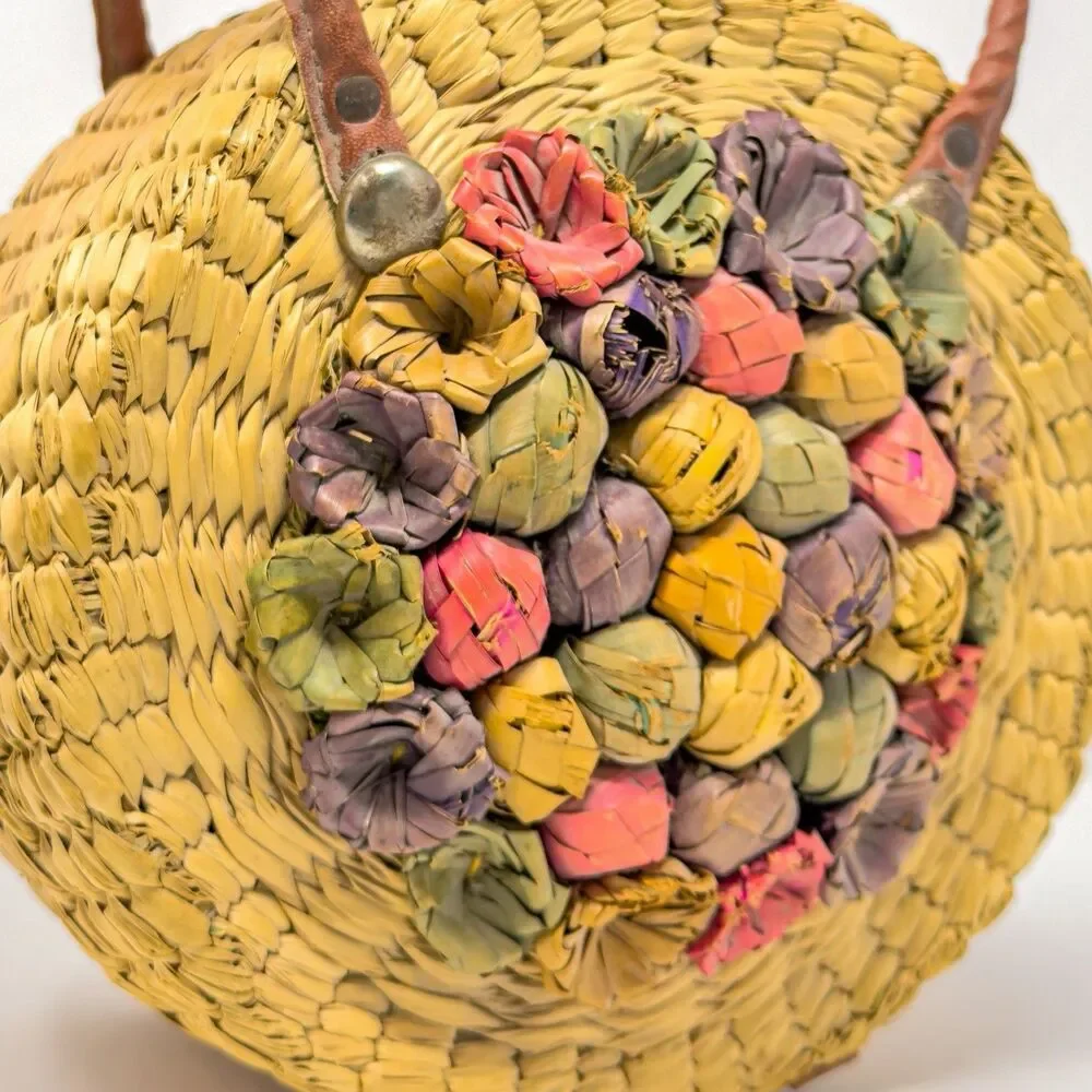 Vintage Woven Straw Sewing Basket Floral Lid Leather Handle Round Boho Bag